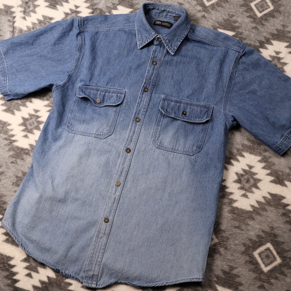 Faded Glory Mens Denim Shirt Short Sleeve Blue Button Down Pockets Small